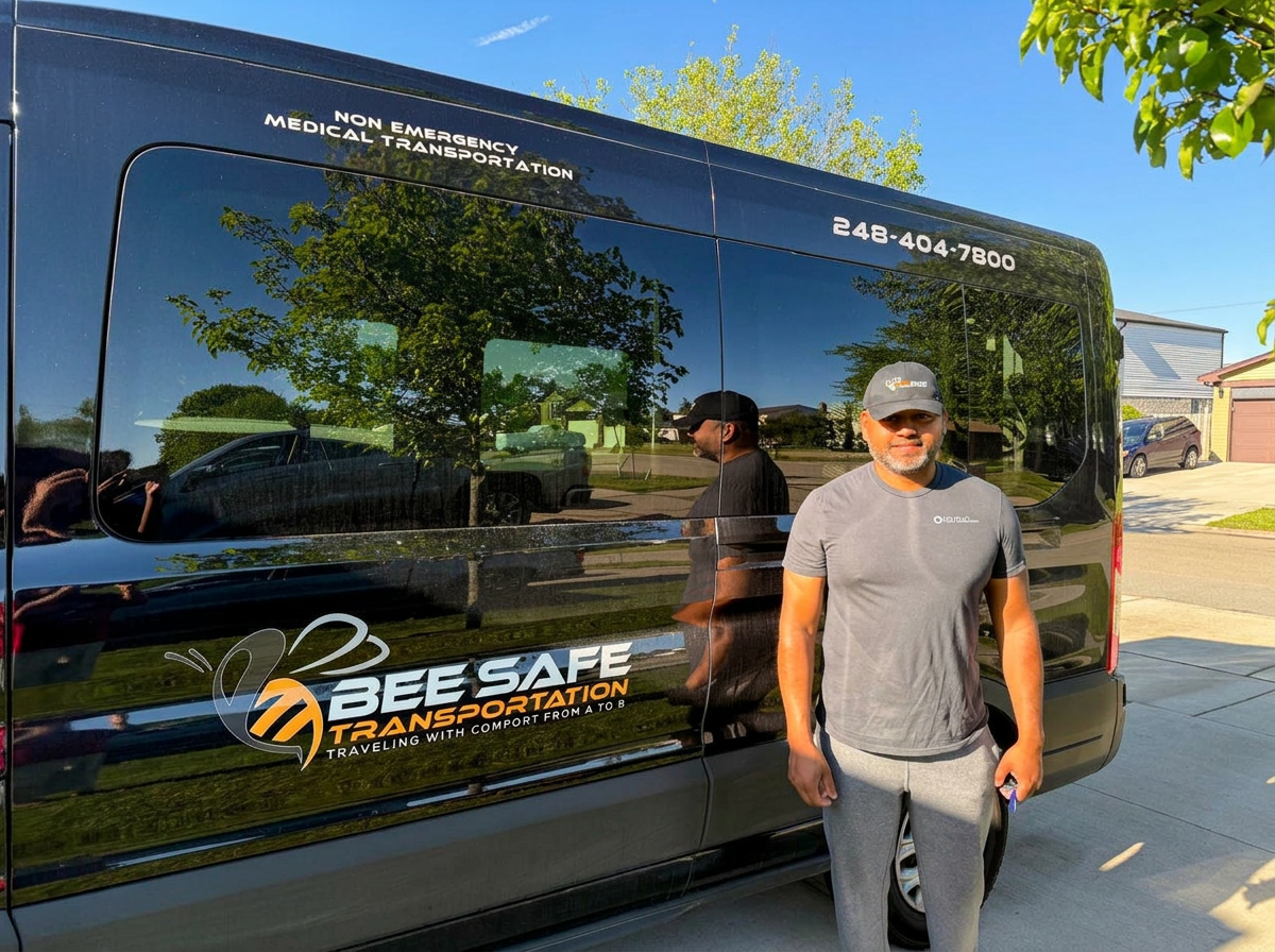 Bee Safe Transportation driver standing beside a branded non-emergency medical transport van